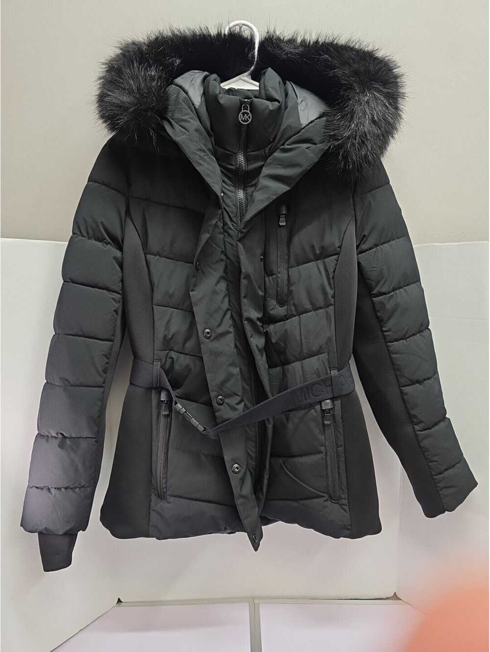 Michael Kors Black Fur Trim Hooded Puffer Jacket Black  Hardware Black Size L